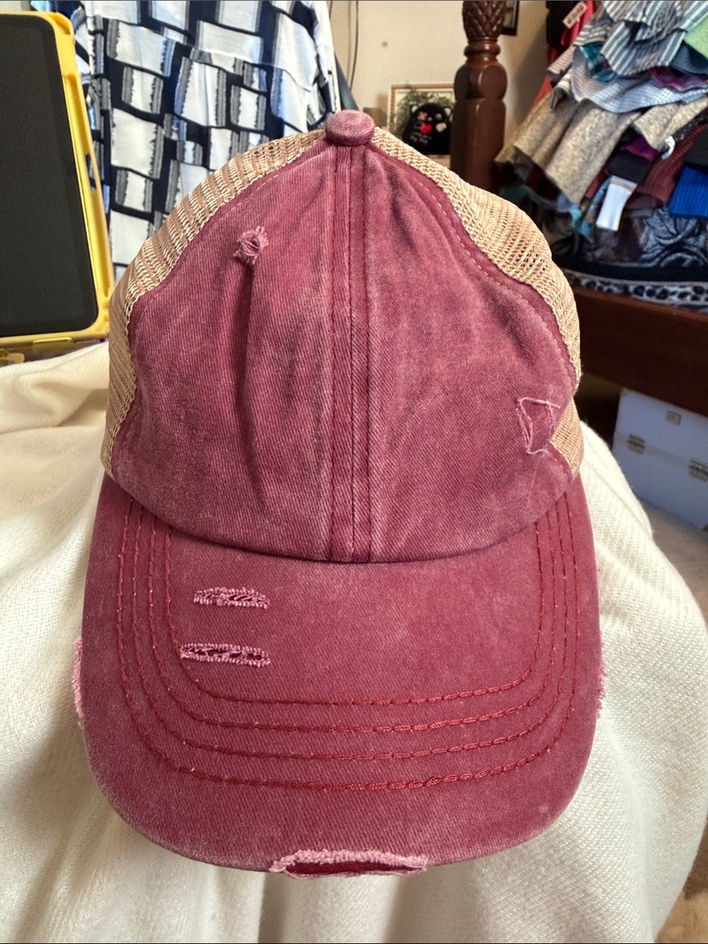 C.C. Vintage-Style Washed Maroon Trucker Cap